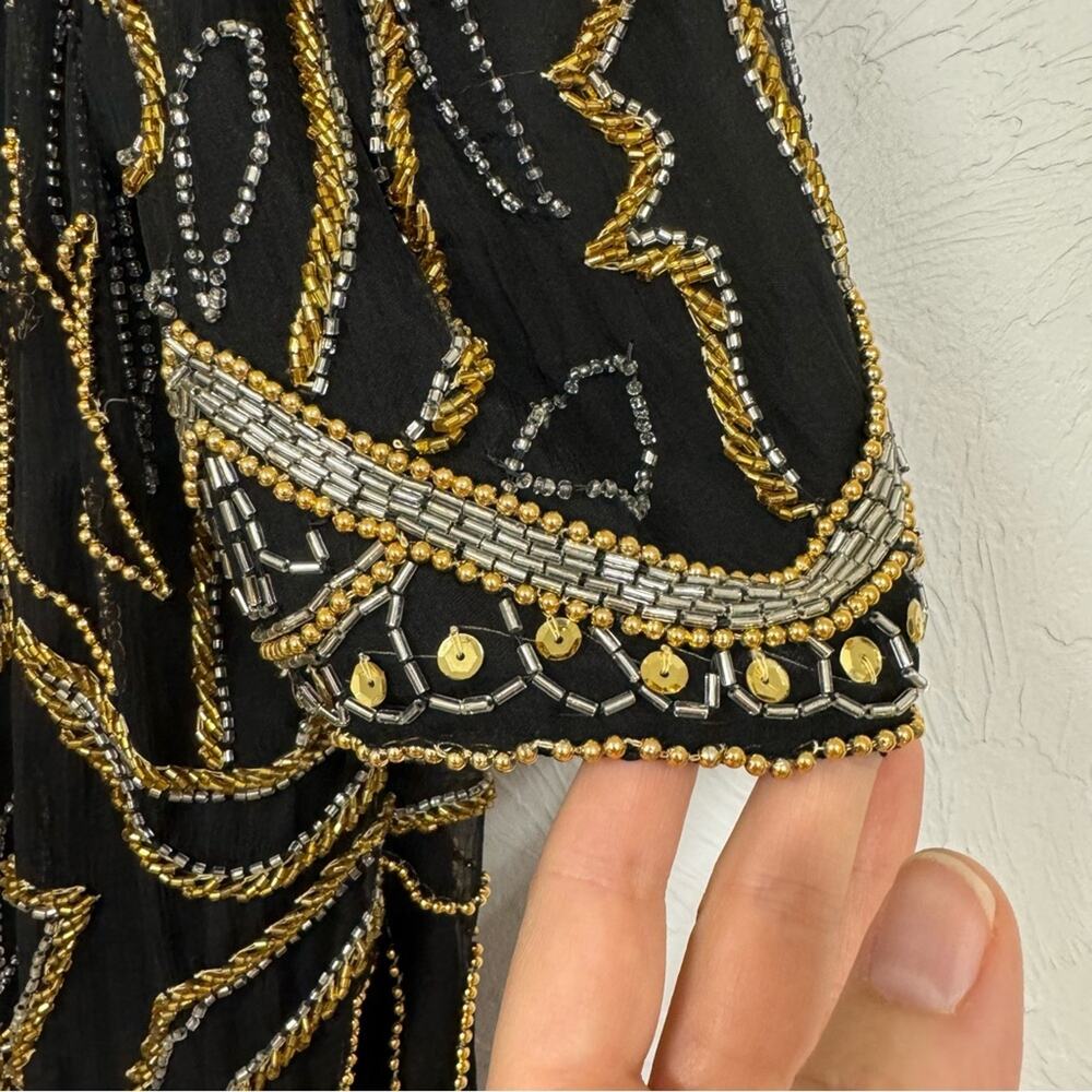 Vintage Black Silk Fully Beaded Formal Blouse Womens 2X Gold & Silver Glam - Picture 3 of 12